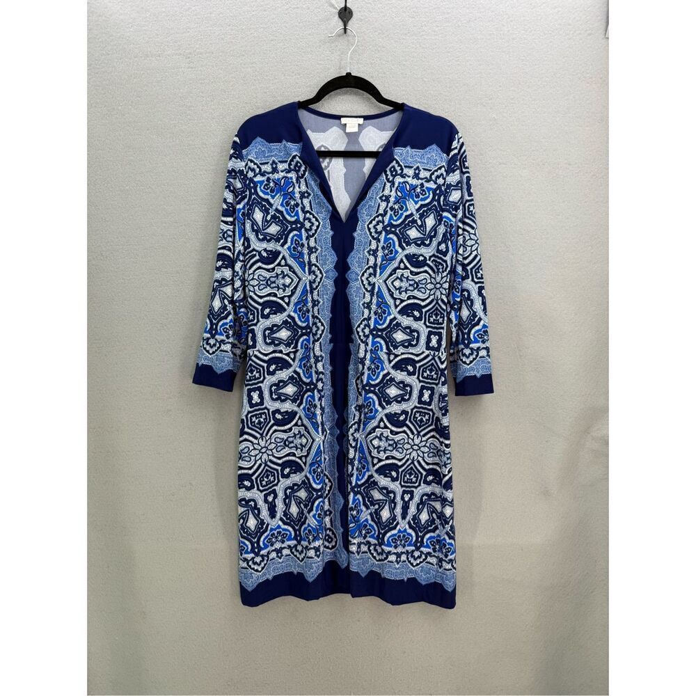 Cache Dress Blue White Print 3/4 Sleeve Sheath Dress Women's XL